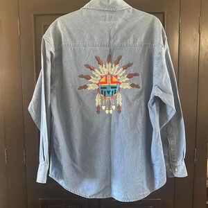 Coosa County Native Pattern‎ embroidered denim button up shirt